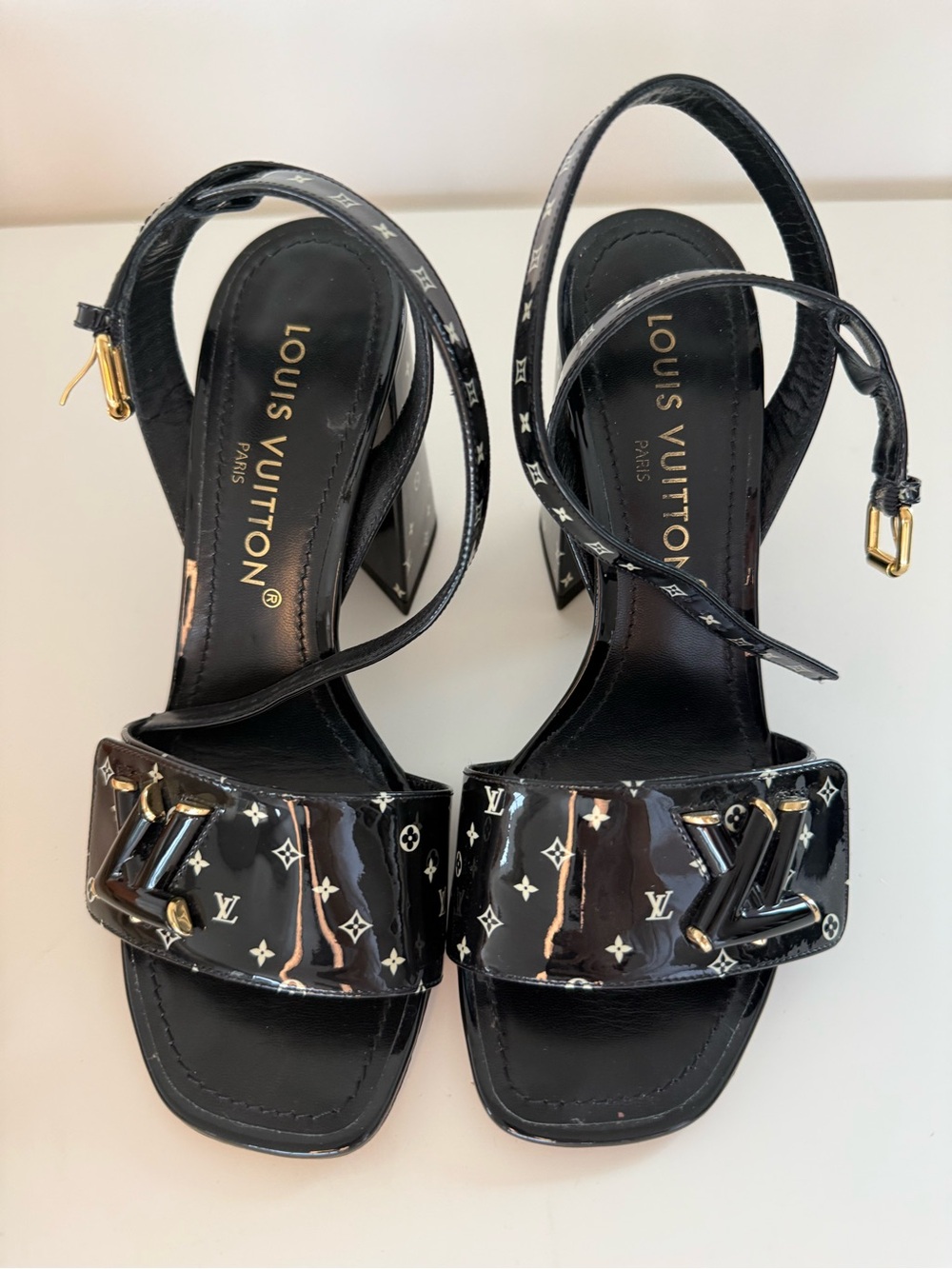 Louis Vuitton Black Monogram Patent Leather Block Heel Slingbacks